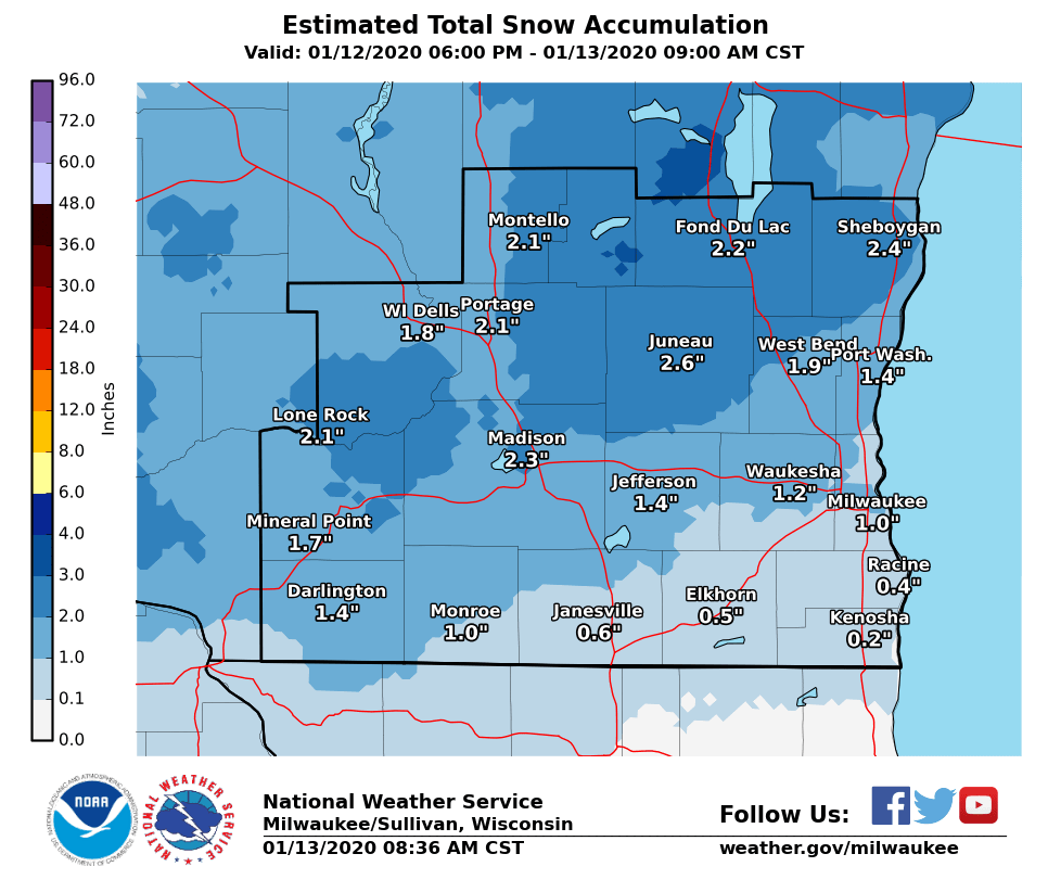 Estimated snow totals overnight by National Weather Service